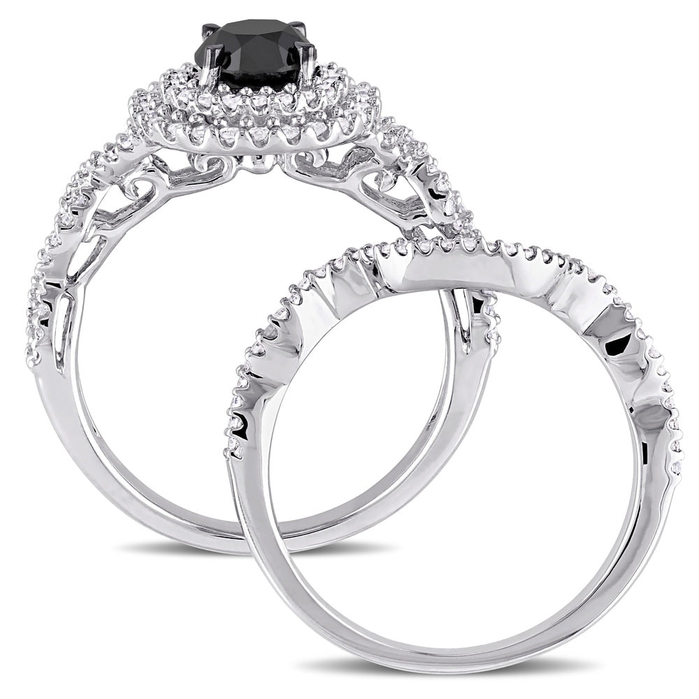 Miadora Signature Collection 10k White Gold 1 1/2ct TDW Black and White Diamond Double Halo Bridal R