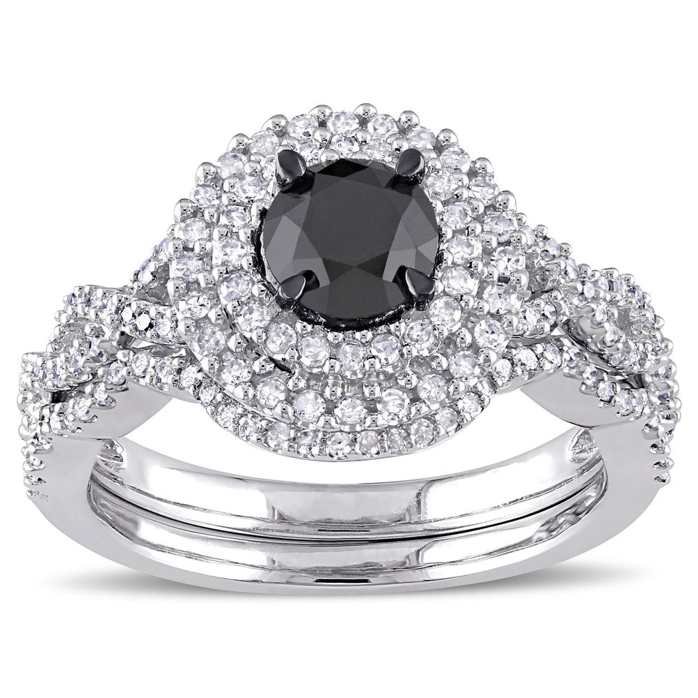 Miadora Signature Collection 10k White Gold 1 1/2ct TDW Black and White Diamond Double Halo Bridal R