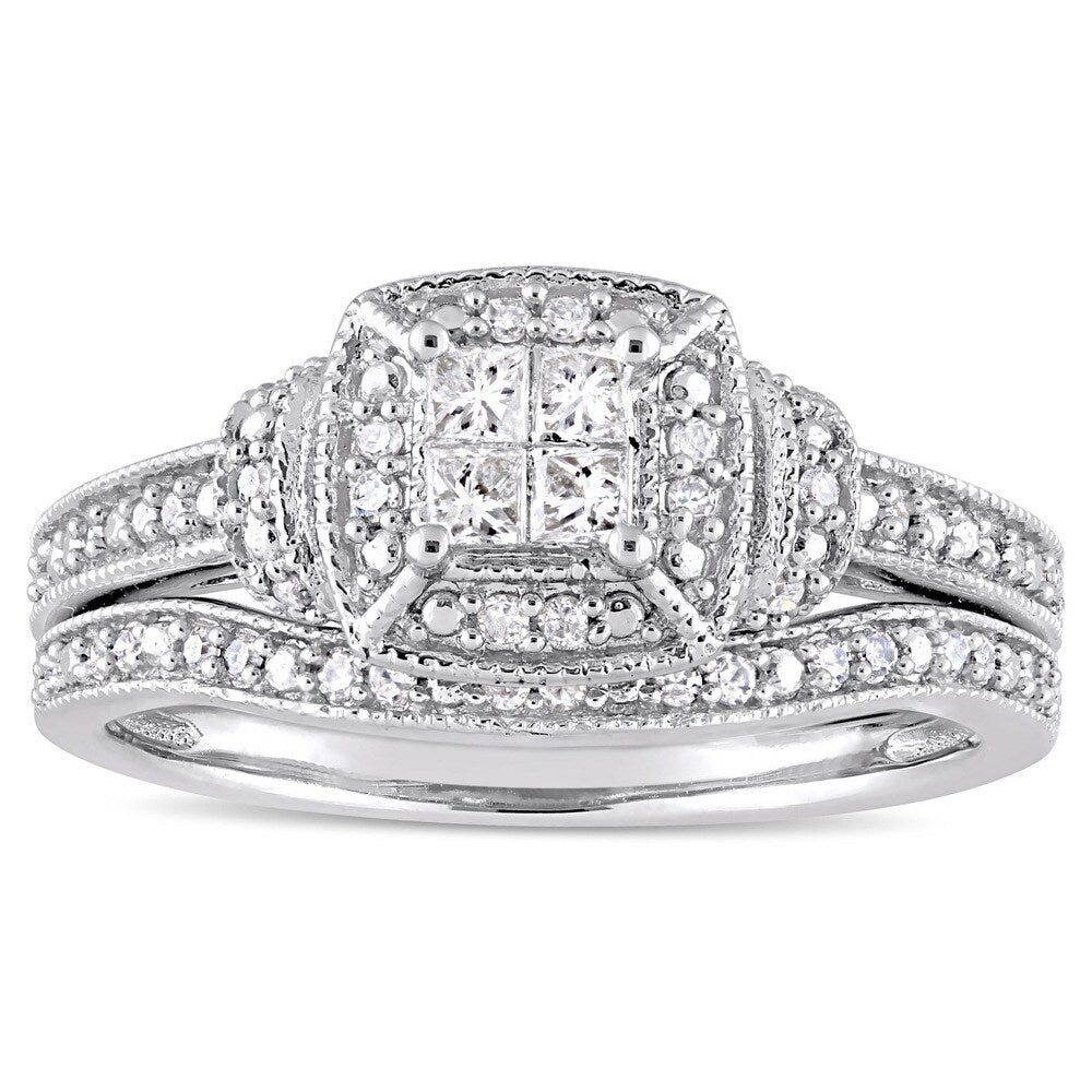 Miadora Signature Collection 10k White Gold 1/3ct TDW Princess and Round-Cut Diamond Quad Halo Bridal Set