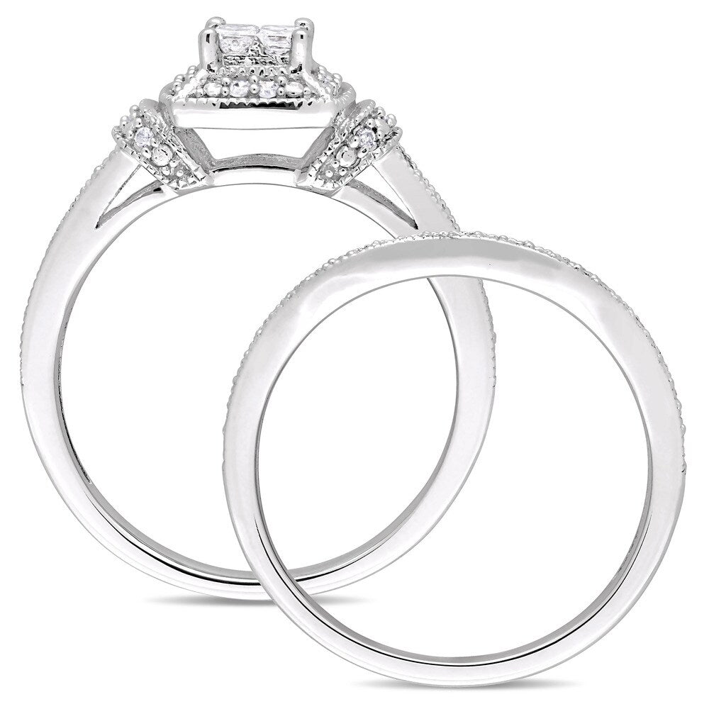 Miadora Signature Collection 10k White Gold 1/3ct TDW Princess and Round-Cut Diamond Quad Halo Bridal Set