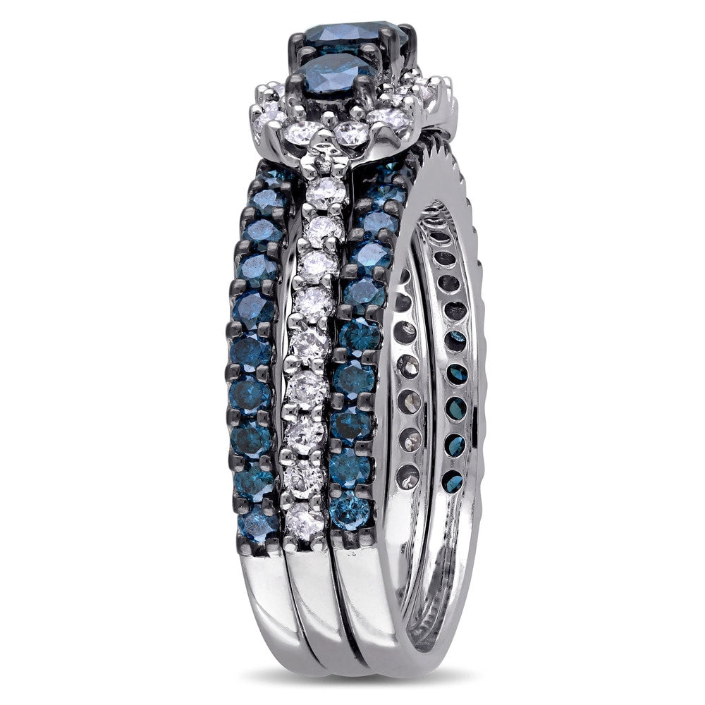 Miadora Signature Collection 10k White Gold 2ct TDW Blue and White Diamond 3-stone Bridal Ring Set