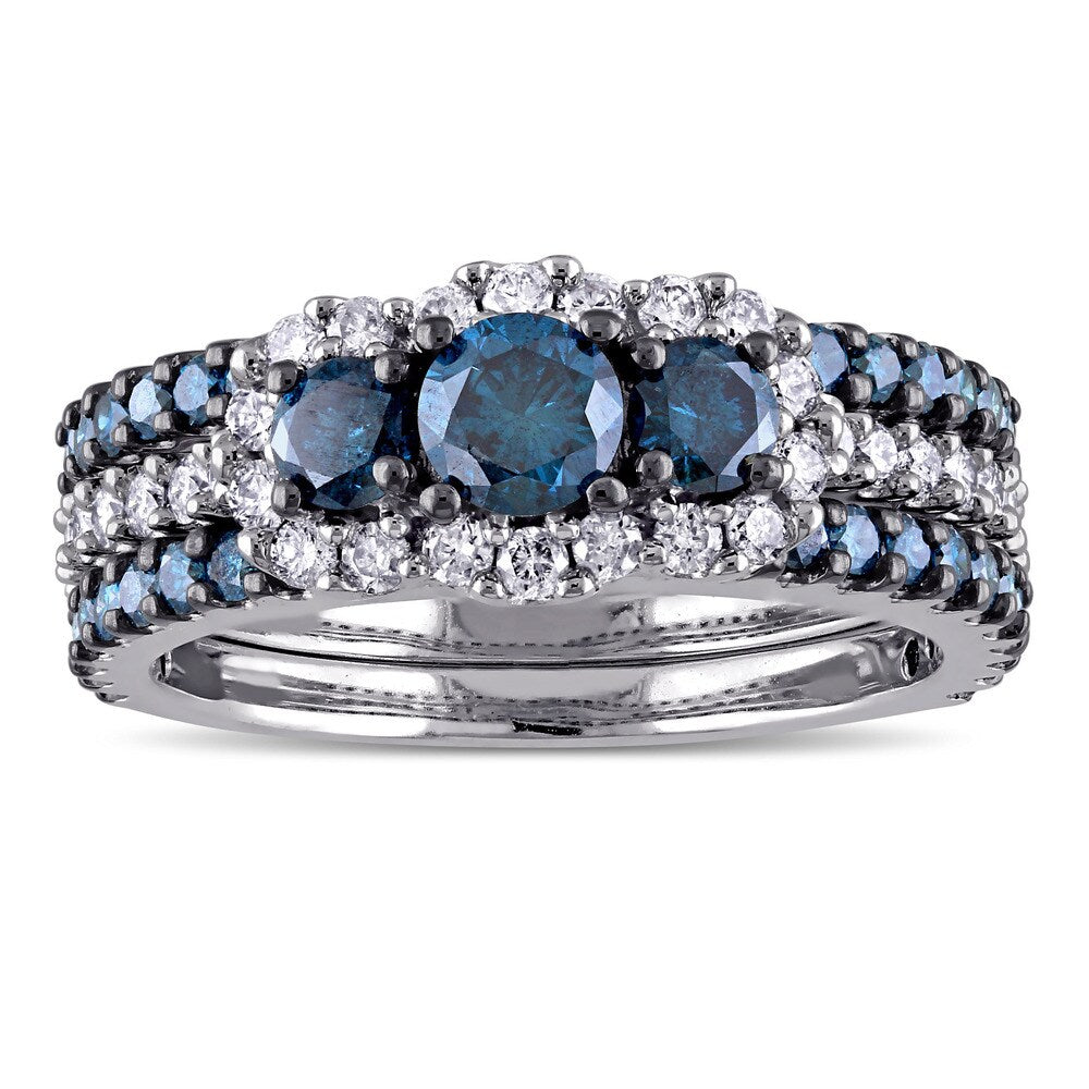 Miadora Signature Collection 10k White Gold 2ct TDW Blue and White Diamond 3-stone Bridal Ring Set
