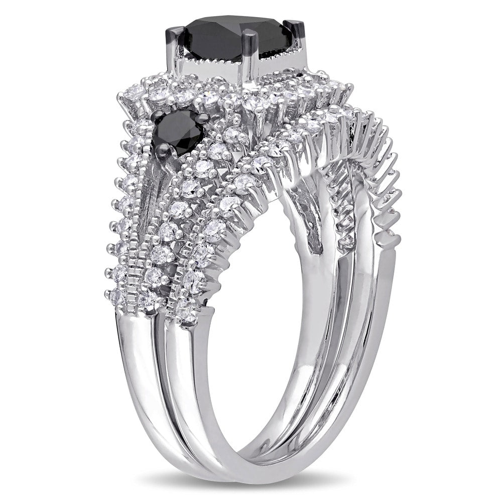 Miadora 10k White Gold 2ct TDW Black and White Diamond 3-stone Bridal Set
