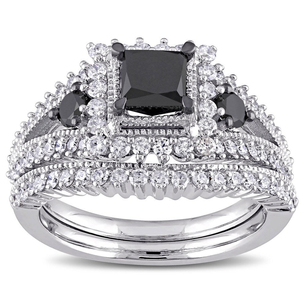 Miadora 10k White Gold 2ct TDW Black and White Diamond 3-stone Bridal Set