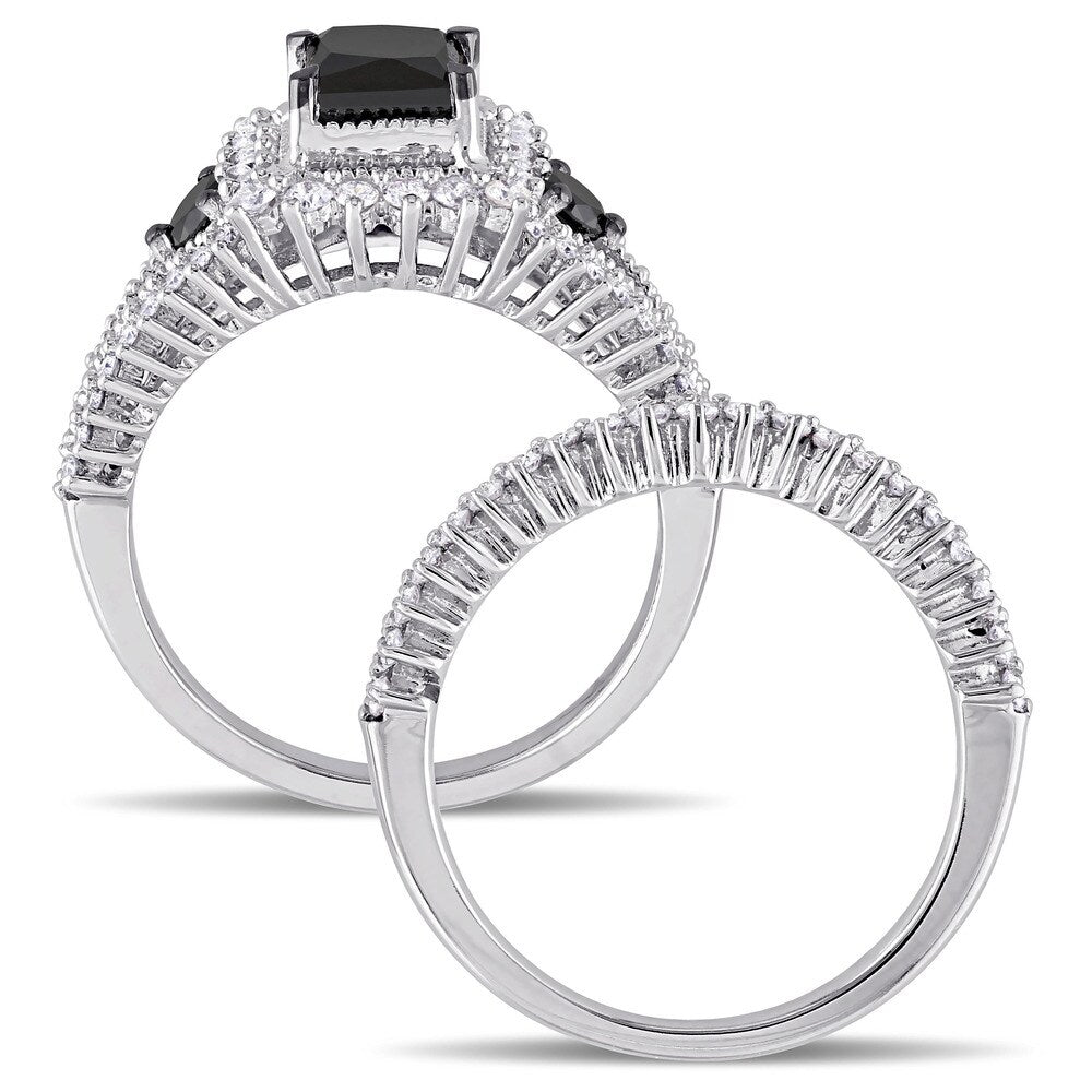 Miadora 10k White Gold 2ct TDW Black and White Diamond 3-stone Bridal Set