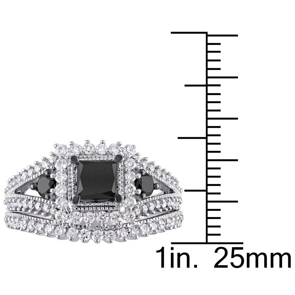 Miadora 10k White Gold 2ct TDW Black and White Diamond 3-stone Bridal Set
