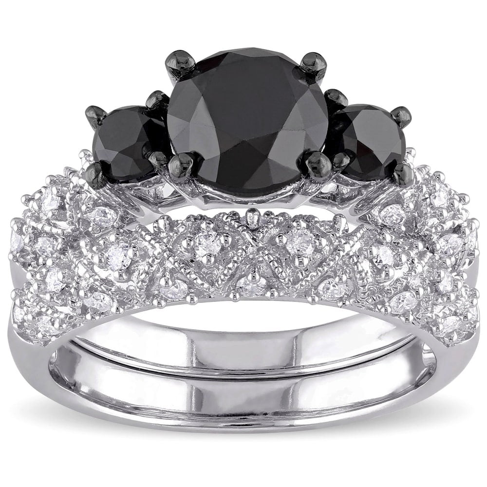 Miadora Signature Collection 10k White Gold 3ct TDW Black and White Diamond 3-stone Bridal Ring Set