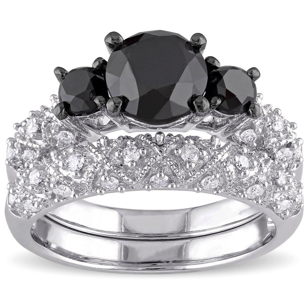 Miadora Signature Collection 10k White Gold 3ct TDW Black and White Diamond 3-stone Bridal Ring Set