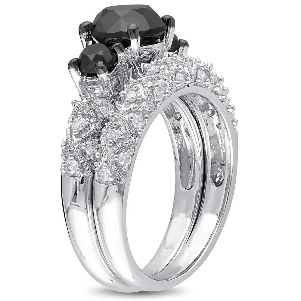 Miadora Signature Collection 10k White Gold 3ct TDW Black and White Diamond 3-stone Bridal Ring Set