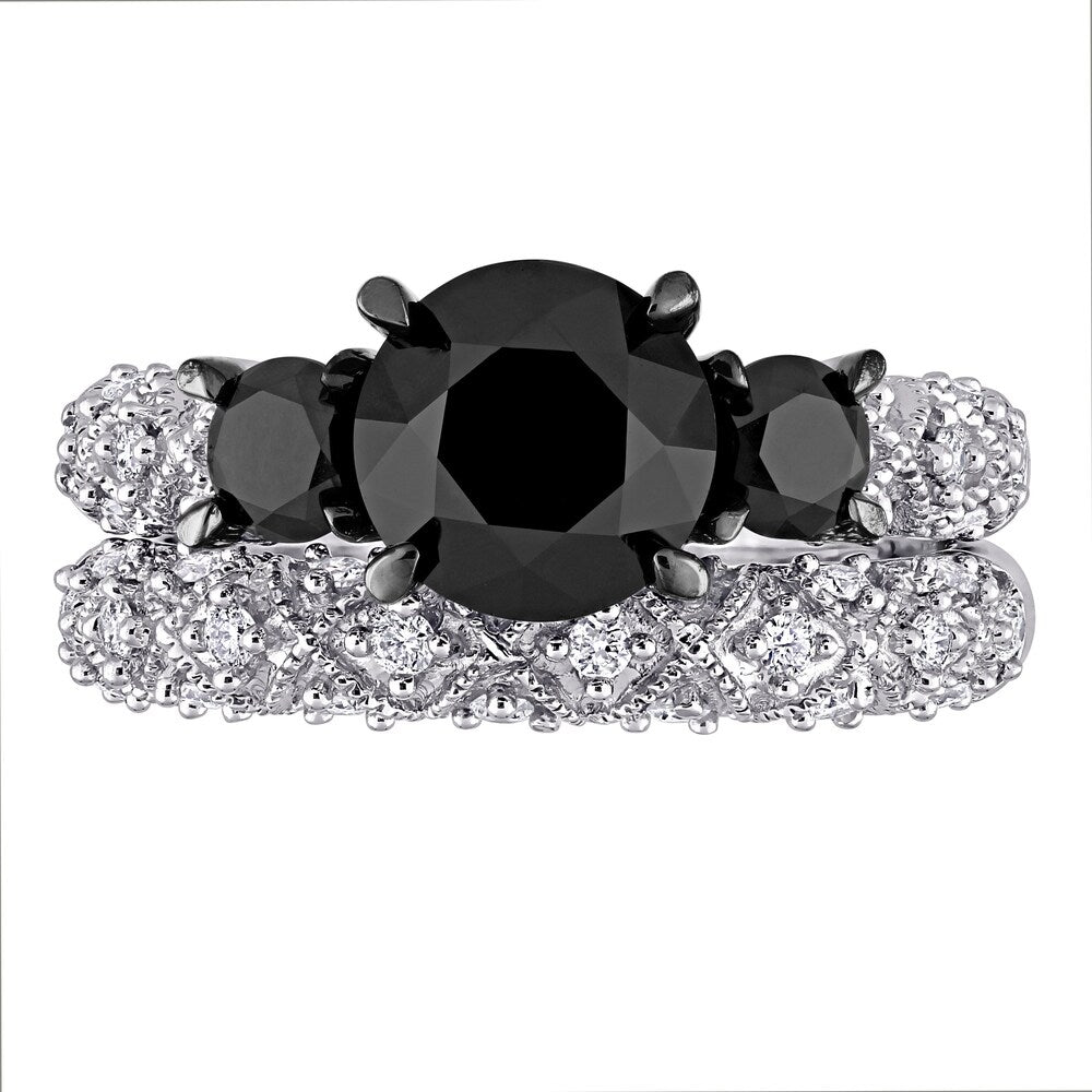 Miadora Signature Collection 10k White Gold 3ct TDW Black and White Diamond 3-stone Bridal Ring Set