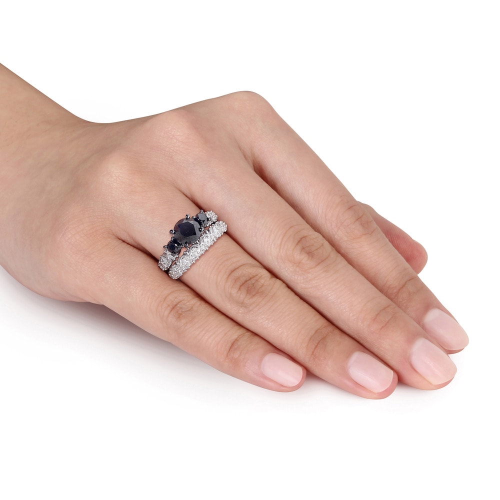 Miadora Signature Collection 10k White Gold 3ct TDW Black and White Diamond 3-stone Bridal Ring Set