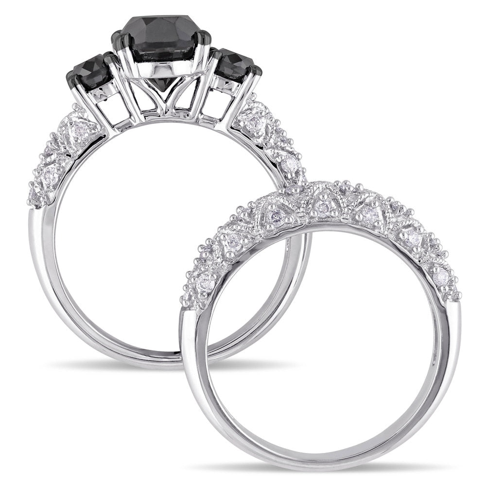 Miadora Signature Collection 10k White Gold 3ct TDW Black and White Diamond 3-stone Bridal Ring Set