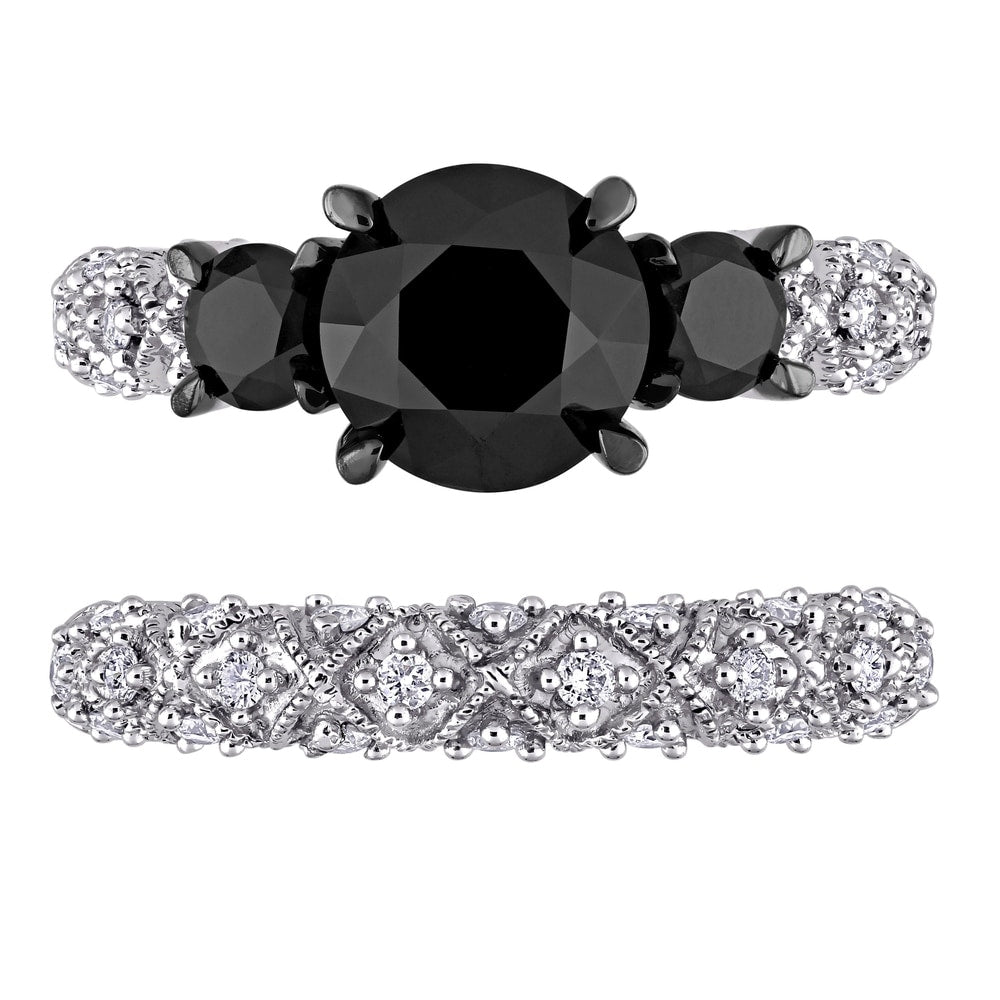 Miadora Signature Collection 10k White Gold 3ct TDW Black and White Diamond 3-stone Bridal Ring Set