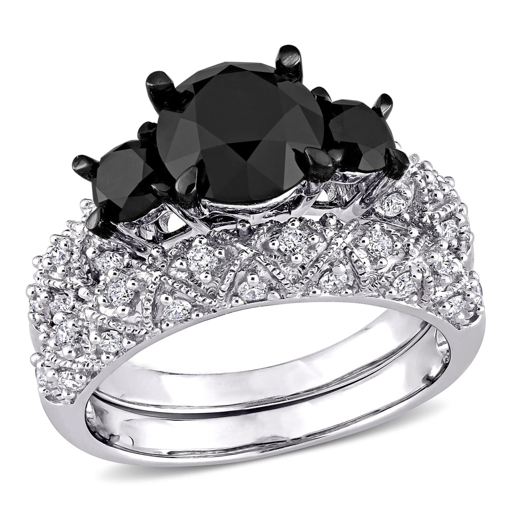 Miadora Signature Collection 10k White Gold 3ct TDW Black and White Diamond 3-stone Bridal Ring Set