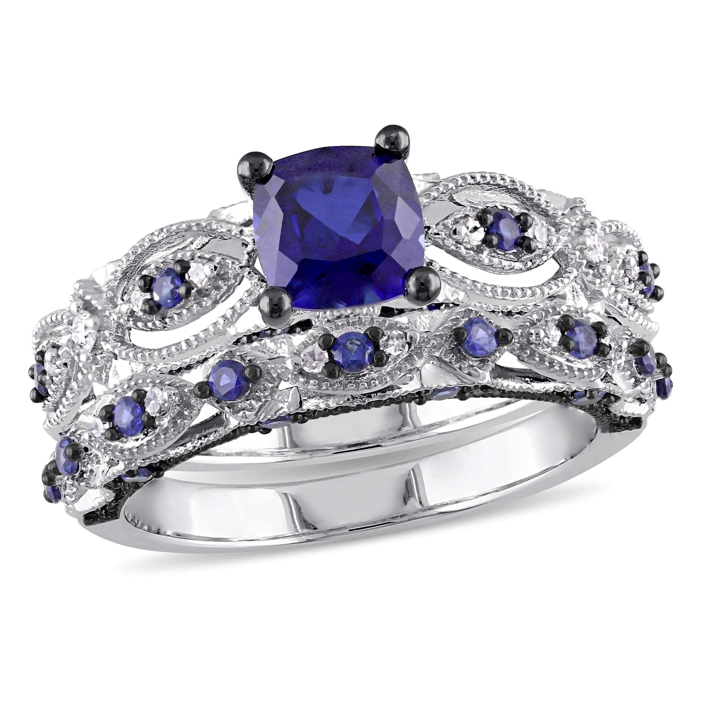 Miadora Signature Collection 10k White Gold Created Sapphire and 1/10ct TDW Diamond Bridal Set
