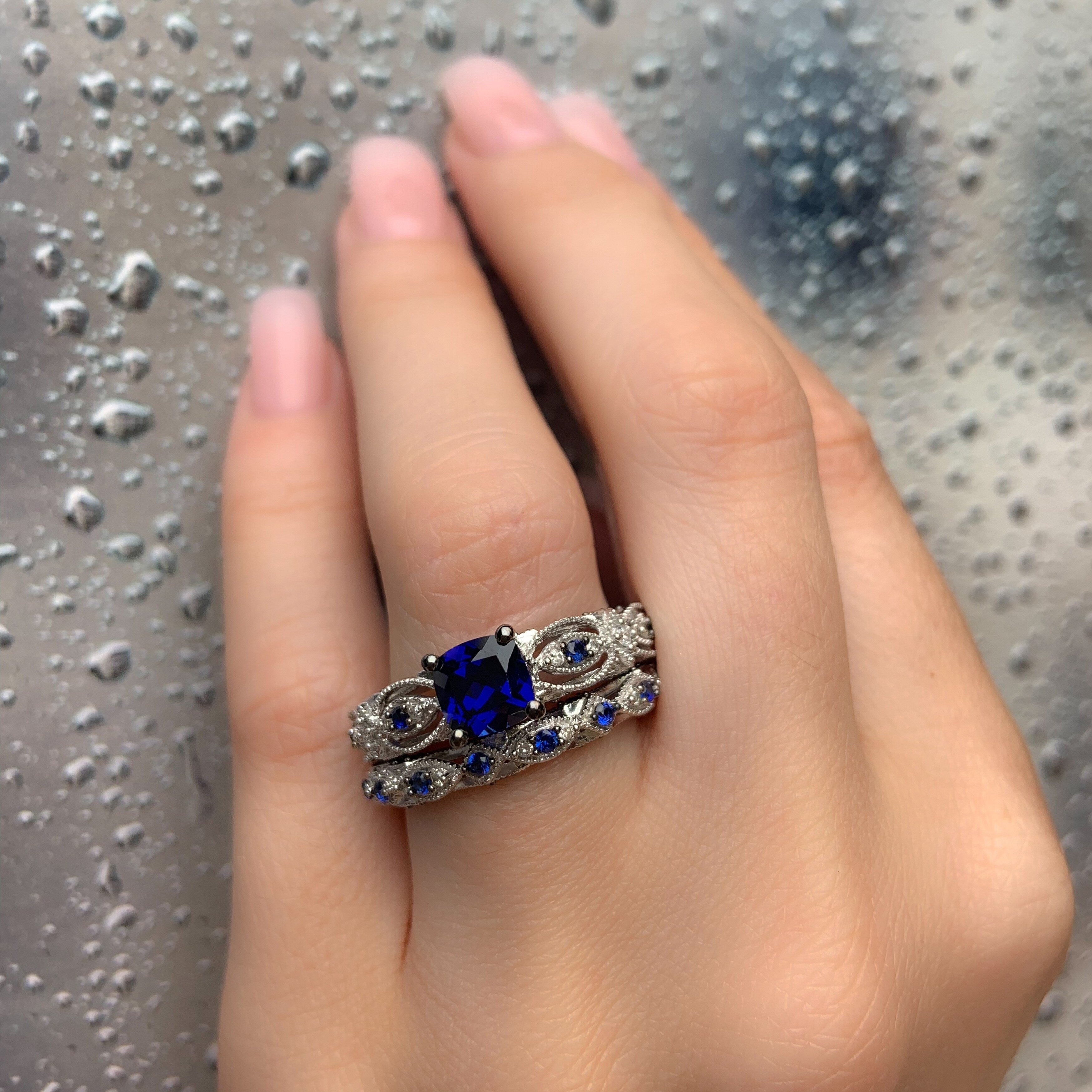 Miadora Signature Collection 10k White Gold Created Sapphire and 1/10ct TDW Diamond Bridal Set