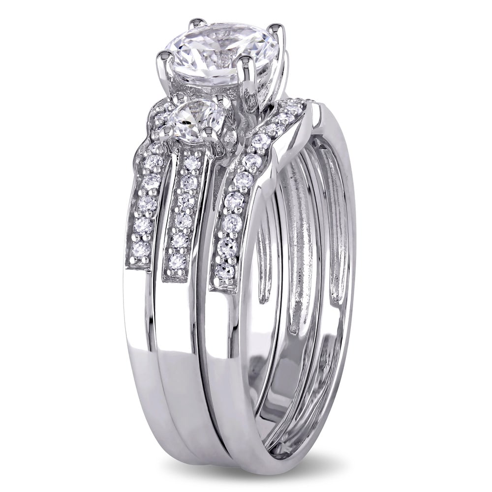 Miadora Signature Collection 10k White Gold Created White Sapphire and 1/4ct TDW Diamond Bridal Set