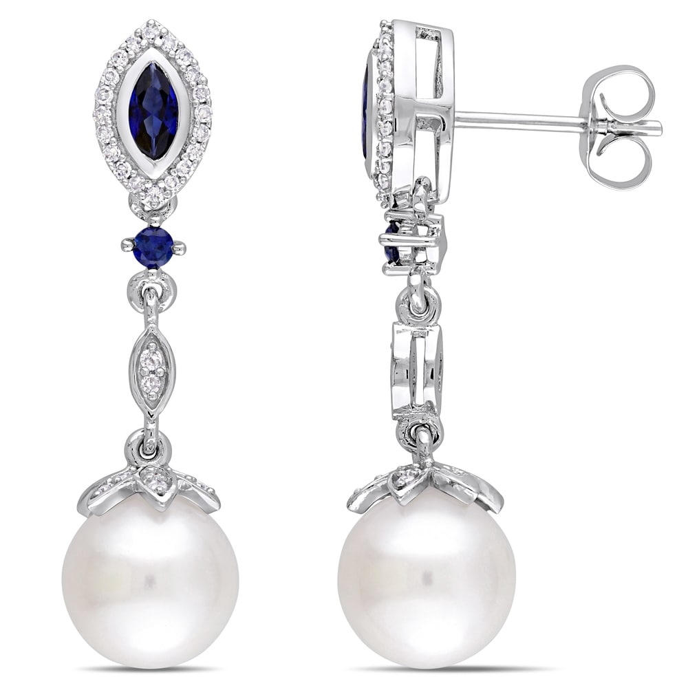 Miadora Signature Collection 10k White Gold Freshwater Pearl Created Sapphire and 1/5ct TDW Diamond Earrings (8.5-9 mm)