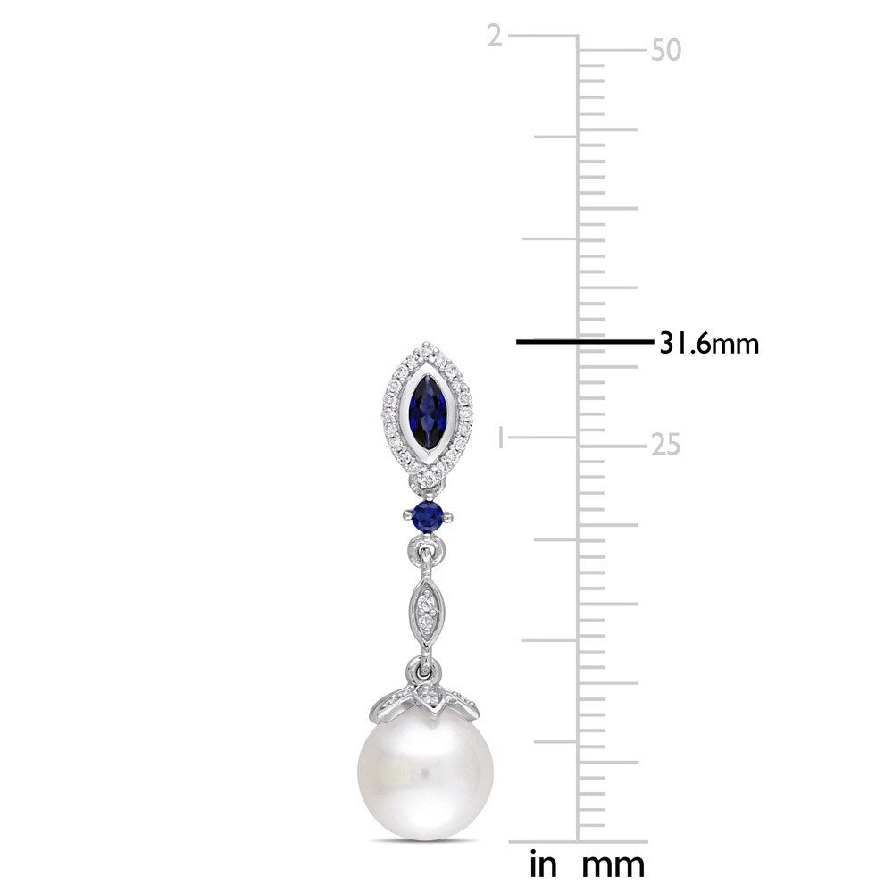 Miadora Signature Collection 10k White Gold Freshwater Pearl Created Sapphire and 1/5ct TDW Diamond Earrings (8.5-9 mm)