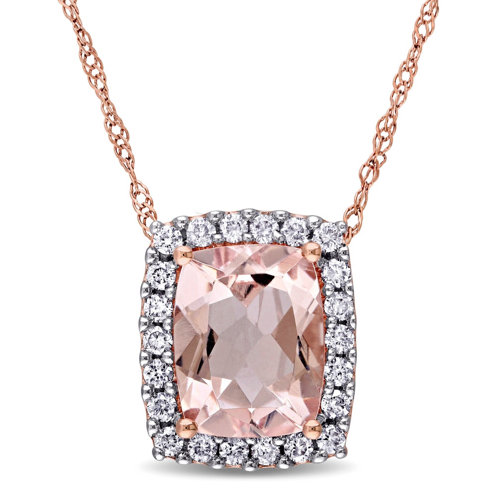 Miadora Signature Collection 14k Rose Gold Cushion-cut Morganite and 1/4ct TDW Diamond Halo Necklace (G-H, I1-I2) - Pink