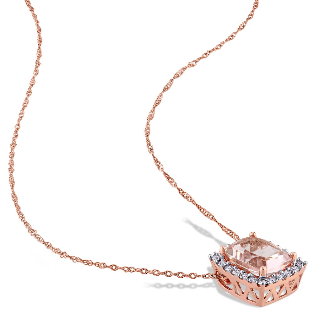 Miadora Signature Collection 14k Rose Gold Cushion-cut Morganite and 1/4ct TDW Diamond Halo Necklace (G-H, I1-I2) - Pink
