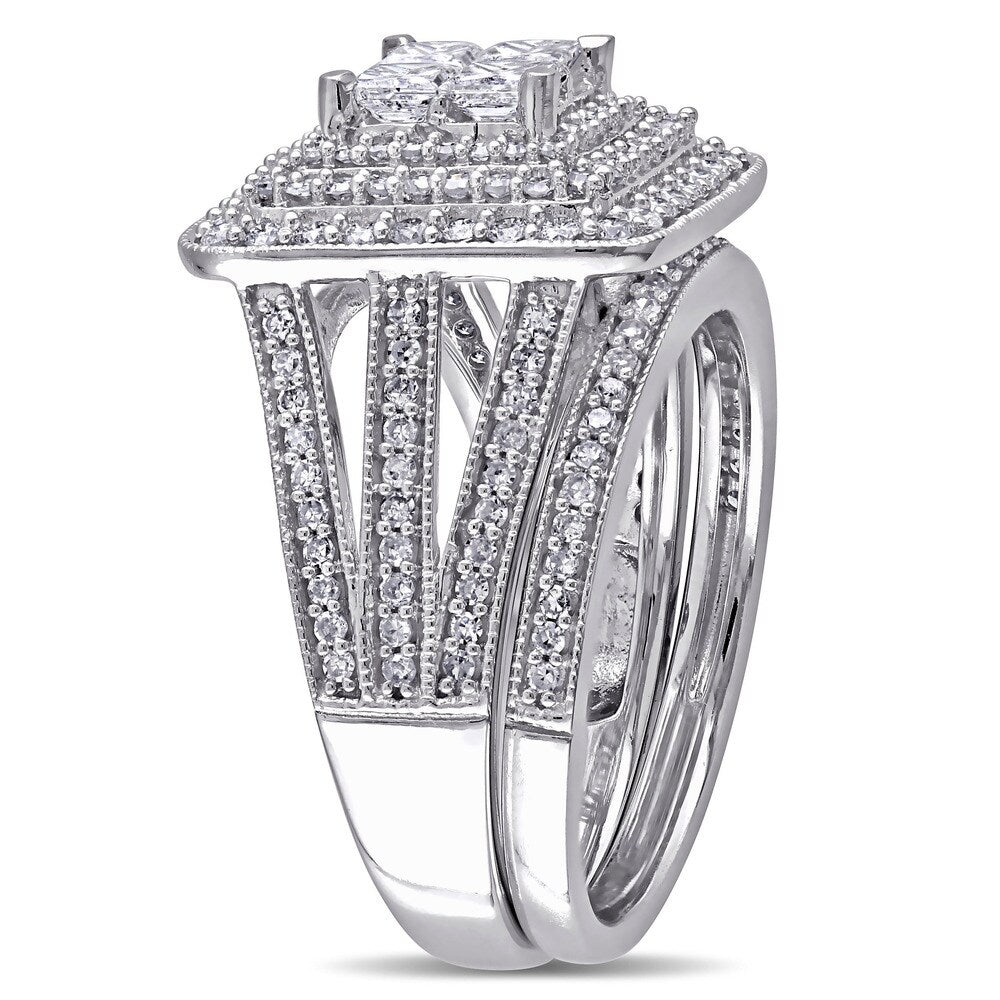 Miadora Signature Collection 14k White Gold 1 1/2ct TDW Princess and Round Diamond Cluster Double Halo Bridal Set (G-H, I1-I2)