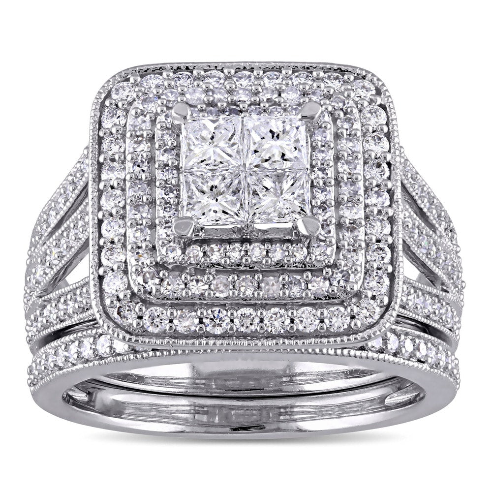 Miadora Signature Collection 14k White Gold 1 1/2ct TDW Princess and Round Diamond Cluster Double Halo Bridal Set (G-H, I1-I2)