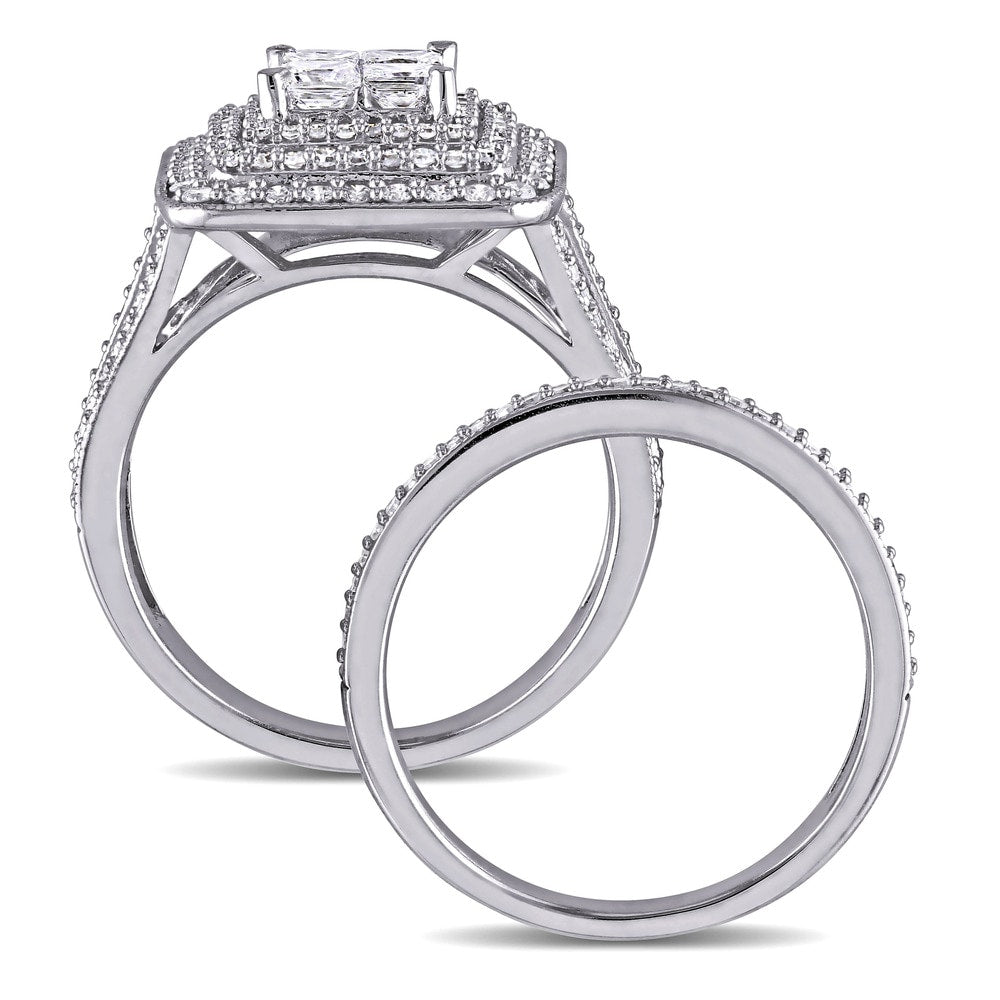 Miadora Signature Collection 14k White Gold 1 1/2ct TDW Princess and Round Diamond Cluster Double Halo Bridal Set (G-H, I1-I2)