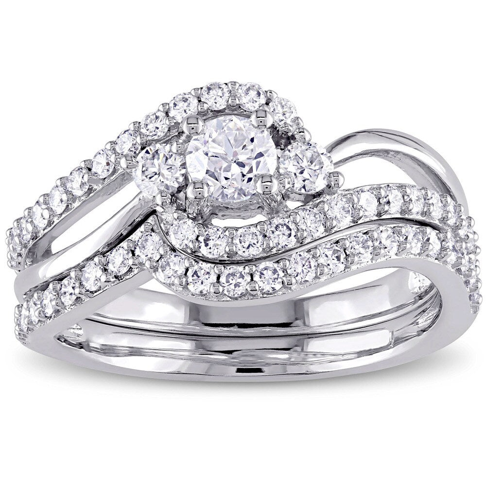 Miadora Signature Collection 14k White Gold 1ct TDW Diamond Crossover 3-Stone Bridal Ring Set