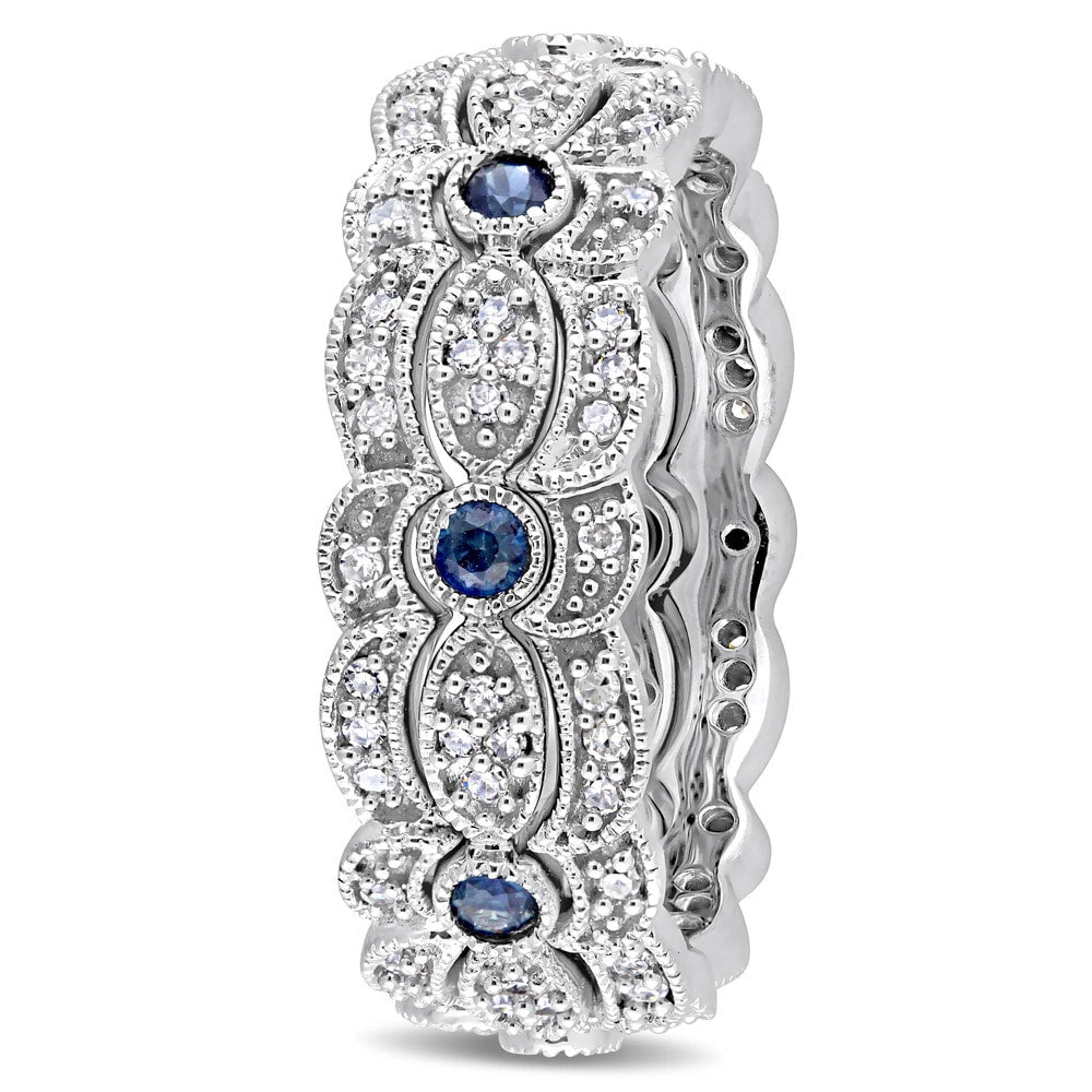 Miadora Signature Collection 14k White Gold Sapphire and 2/5ct TDW Diamond Milgrain Filigree 3-Piece Stacking Ring Set - Blue