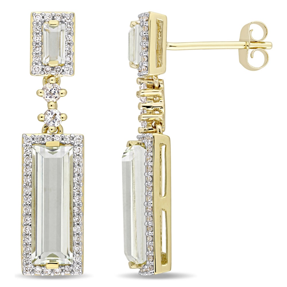Miadora Signature Collection 14k Yellow Gold Baguette-Cut Green Amethyst and 1/3ct TDW Diamond Two-Tier Dangle Earrings