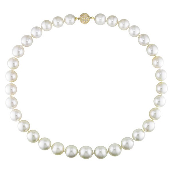 Miadora Signature Collection 14k Yellow Gold Graduated Pearl 1ct TDW Diamond Necklace (12-14 mm)(G-H, I1) - White - 12-14 mm