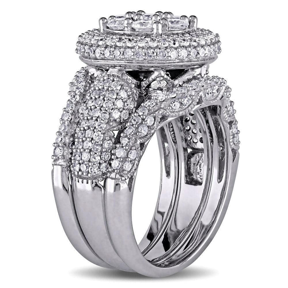 Miadora Signature Collection 2 1/2ct TDW Diamond Cluster Multi-Row Bridal Set in 10k White Gold