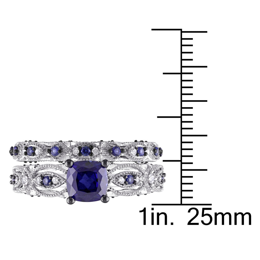 Miadora Signature Collection 10k White Gold Created Sapphire and 1/10ct TDW Diamond Bridal Set