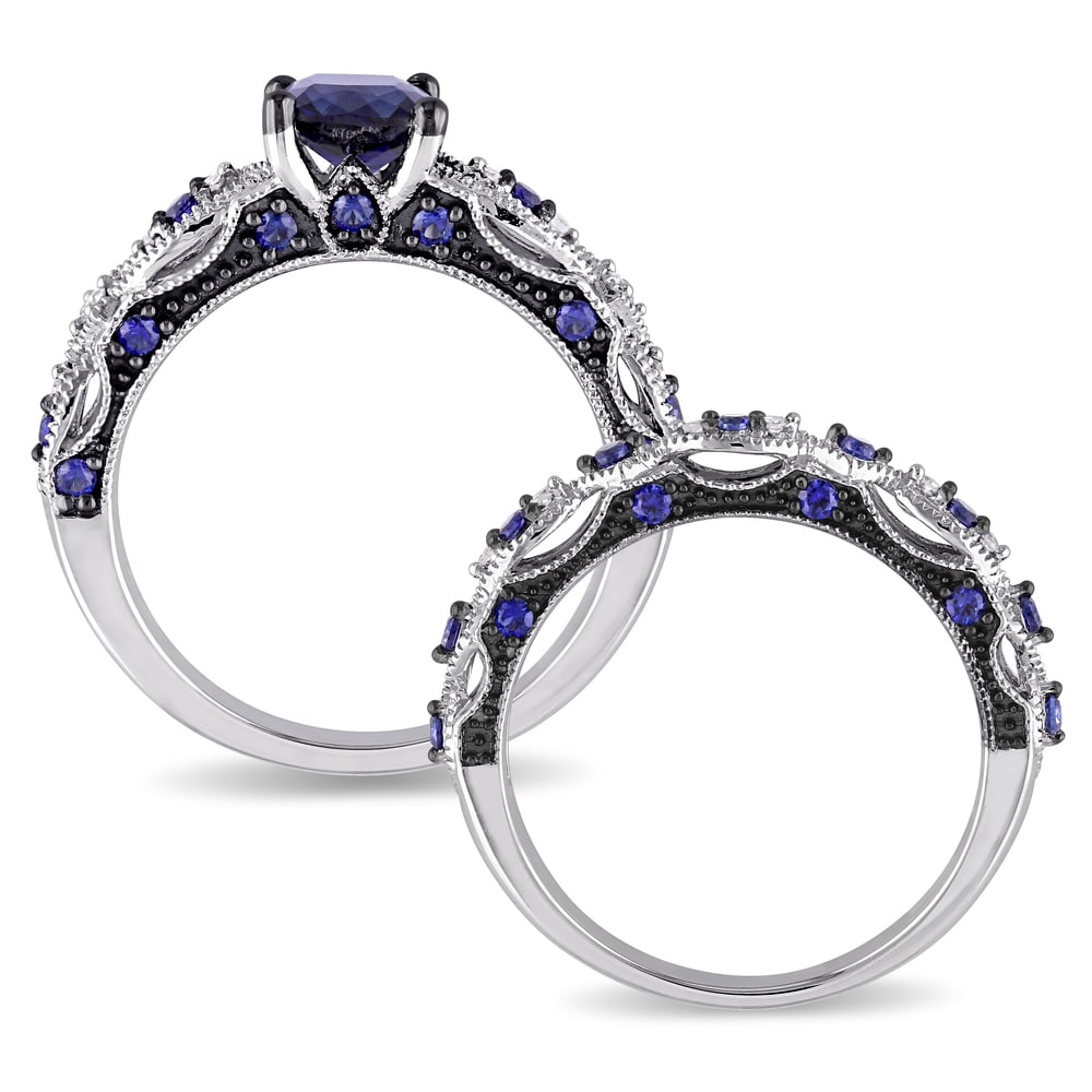 Miadora Signature Collection 10k White Gold Created Sapphire and 1/10ct TDW Diamond Bridal Set
