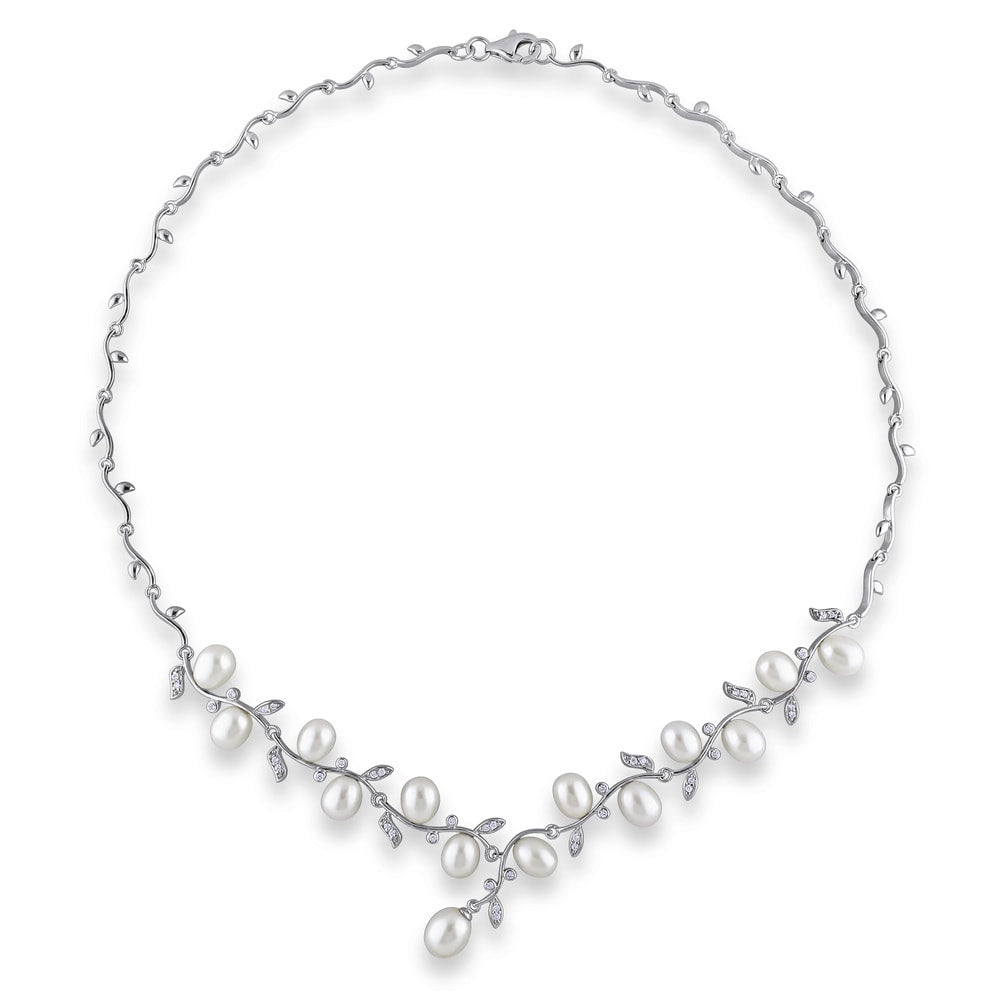 Miadora Silver White Pearl and Cubic Zirconia Necklace (6.5-7 mm)