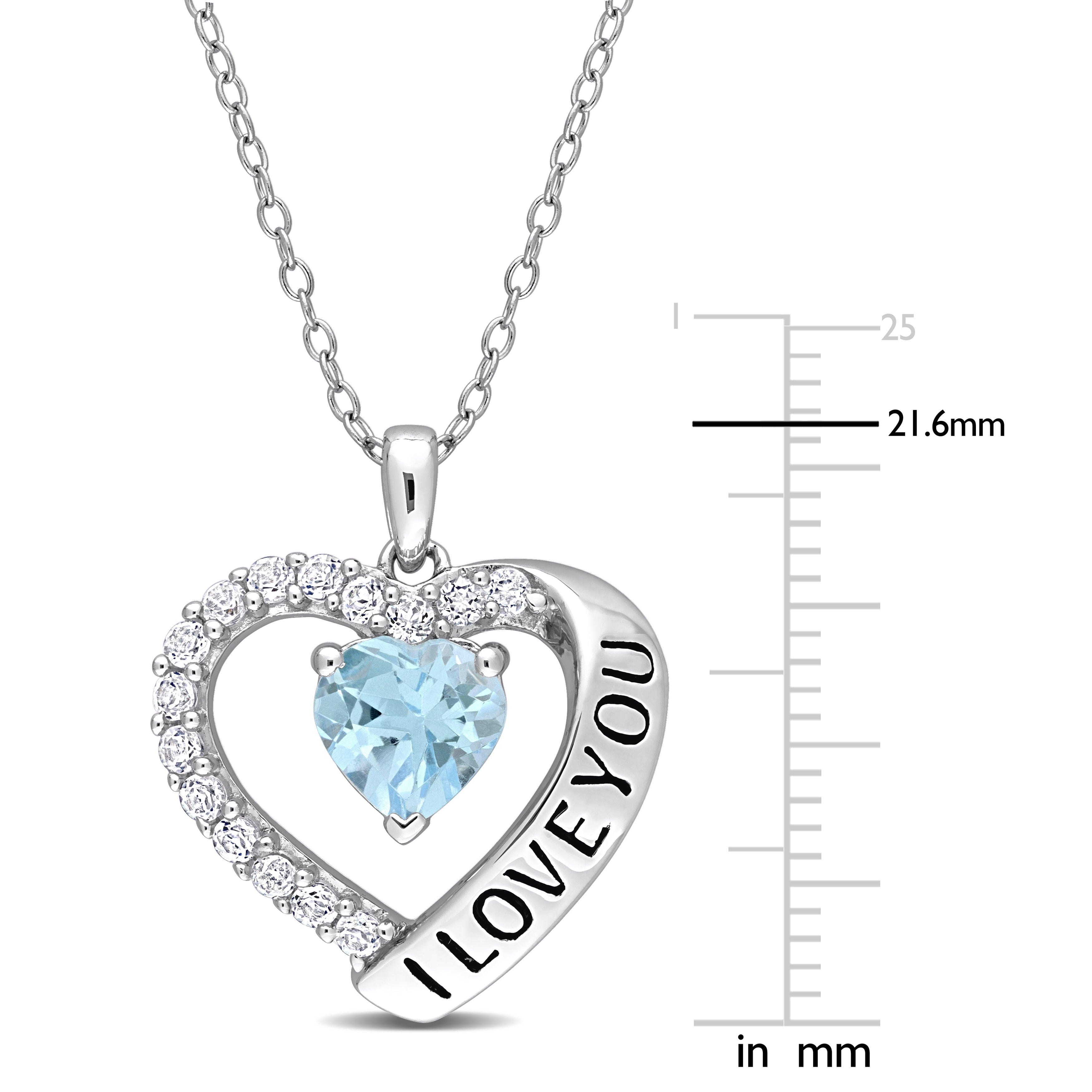 Miadora Sky-Blue and White Topaz "I Love You" Heart Halo Necklace in Sterling Silver