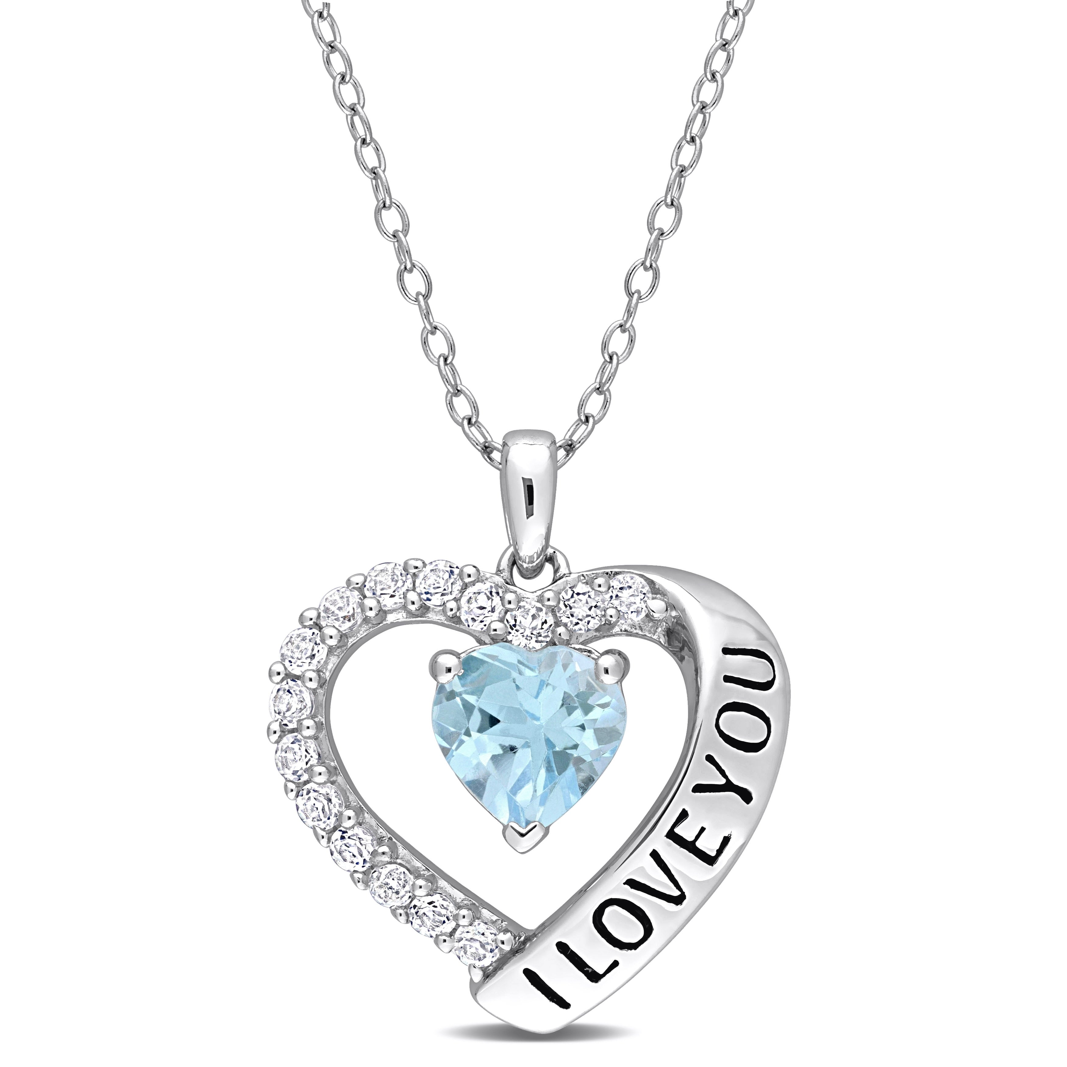 Miadora Sky-Blue and White Topaz "I Love You" Heart Halo Necklace in Sterling Silver