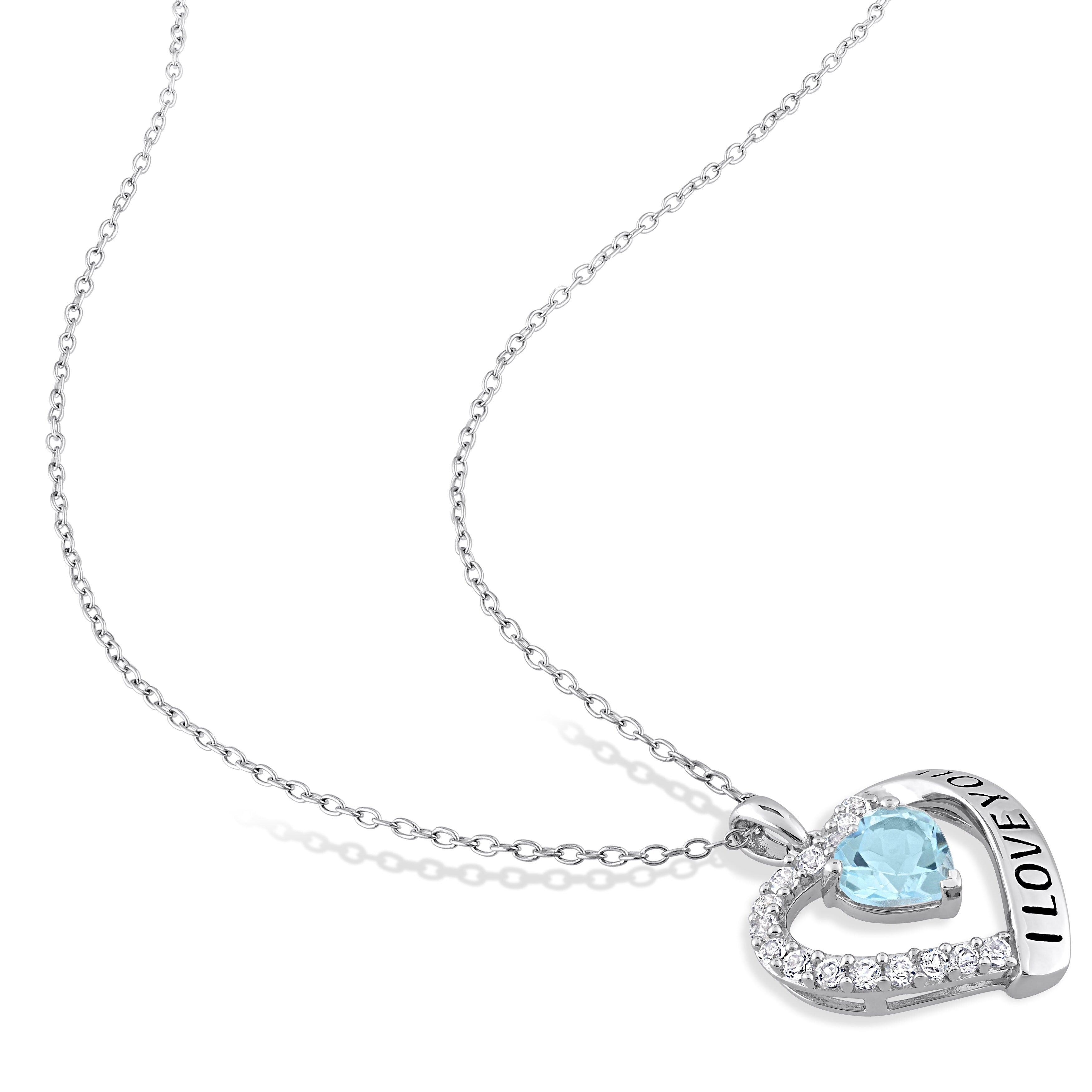 Miadora Sky-Blue and White Topaz "I Love You" Heart Halo Necklace in Sterling Silver
