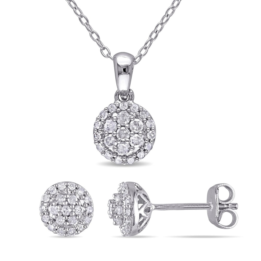 Miadora Sterling Silver 1/2ct TDW Diamond Floral Clustered Halo Jewelry Set