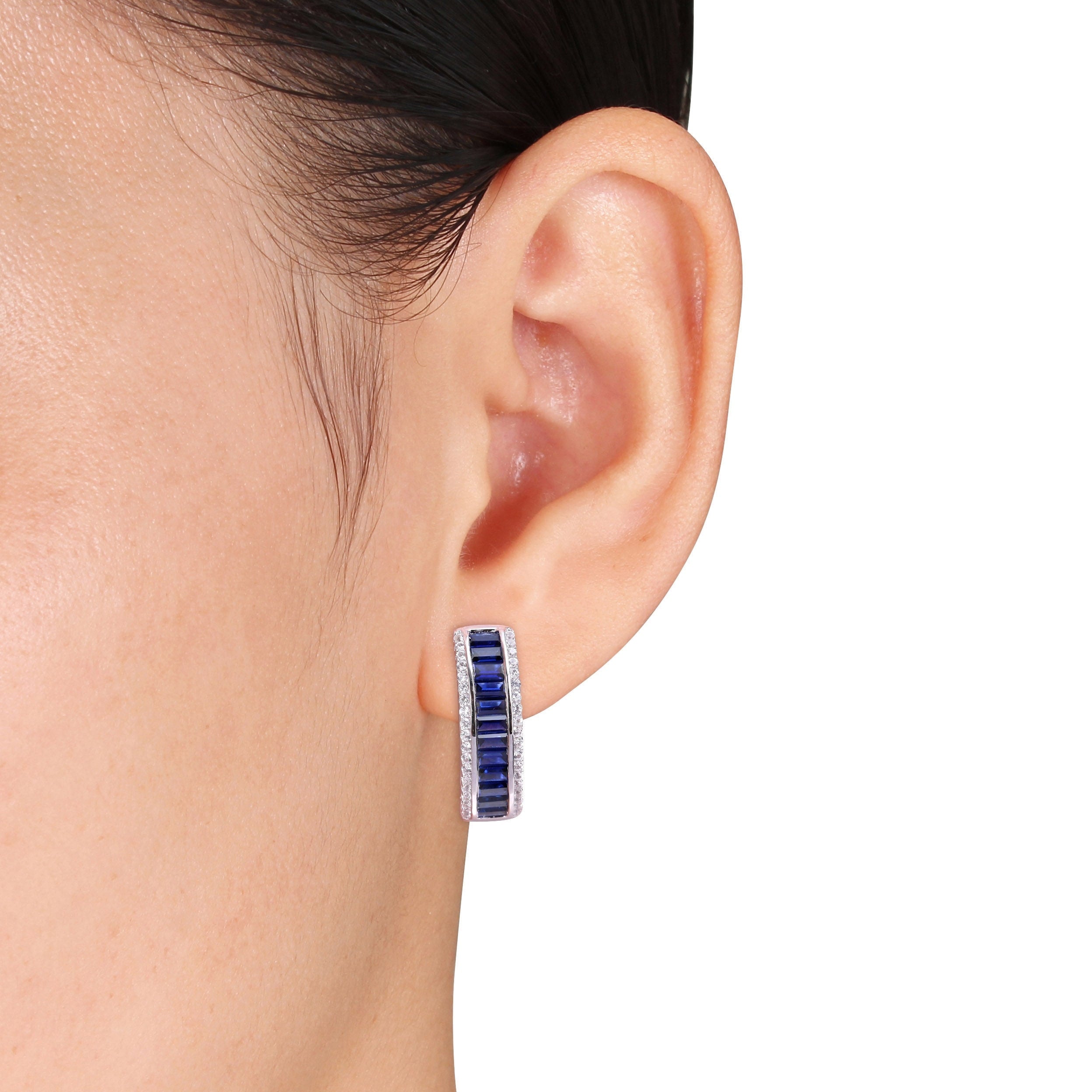 Miadora Sterling Silver Baguette and round-cut Created Blue & White Sapphire Halo Hoop Earrings - 23.5mm x 7.2mm x 20mm