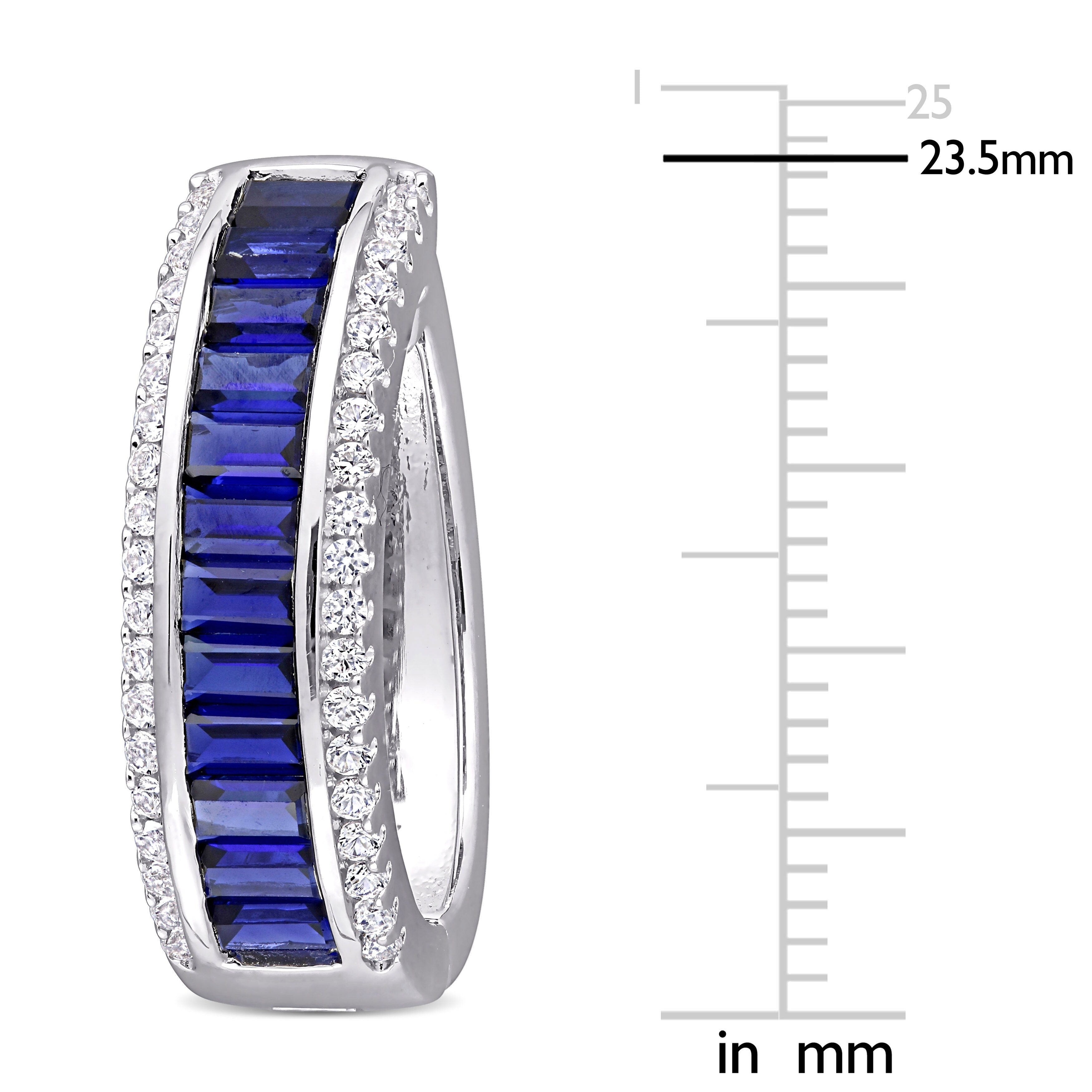 Miadora Sterling Silver Baguette and round-cut Created Blue & White Sapphire Halo Hoop Earrings - 23.5mm x 7.2mm x 20mm