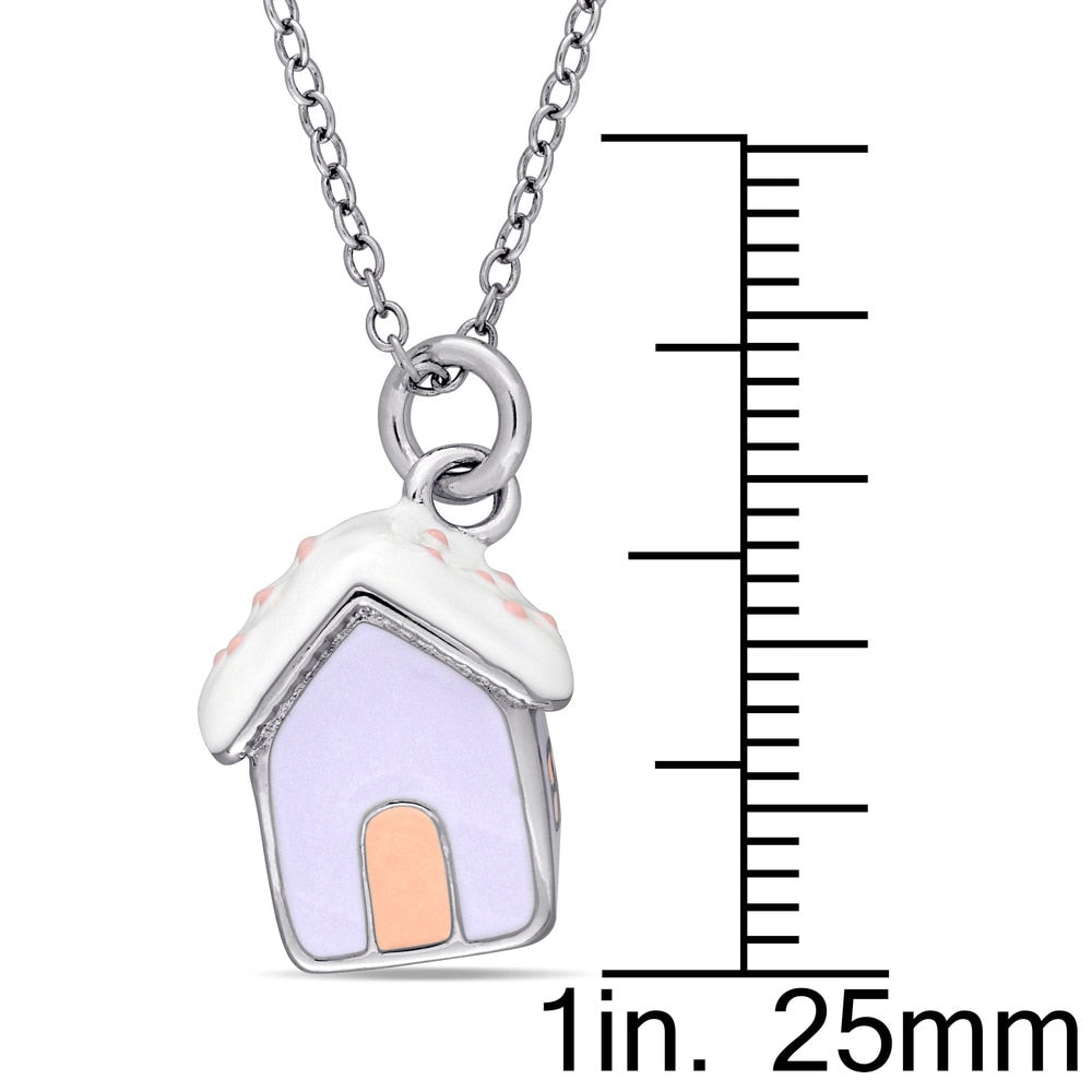 Miadora Sterling Silver Children's Enamel House Pendant with Chain - Blue
