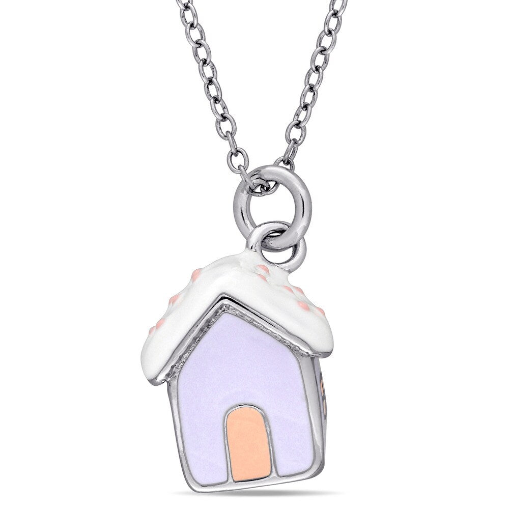Miadora Sterling Silver Children's Enamel House Pendant with Chain - Blue