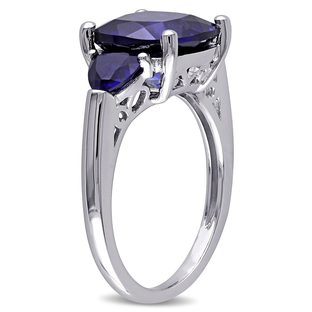 3-Stone Multi-Cut 7/10ct TGW Created Blue Sapphire Ring in Sterling Silver by Miadora