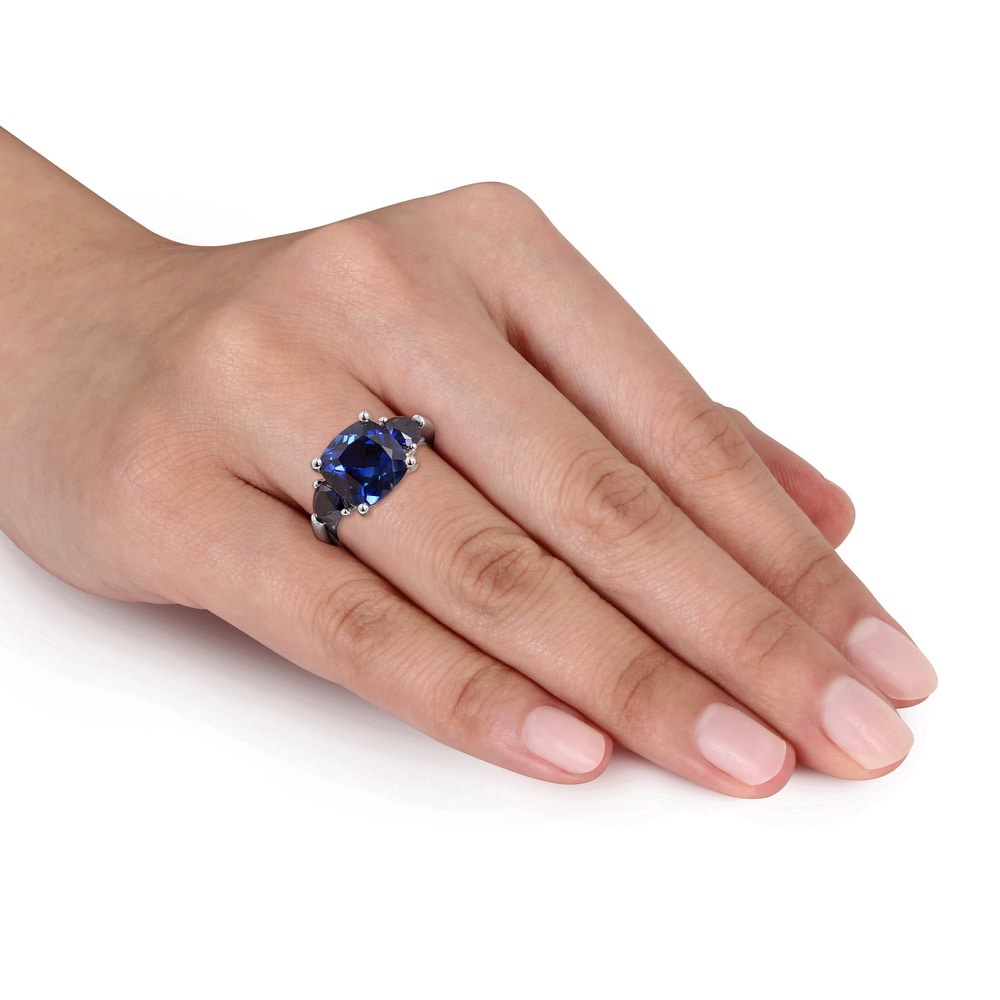 3-Stone Multi-Cut 7/10ct TGW Created Blue Sapphire Ring in Sterling Silver by Miadora