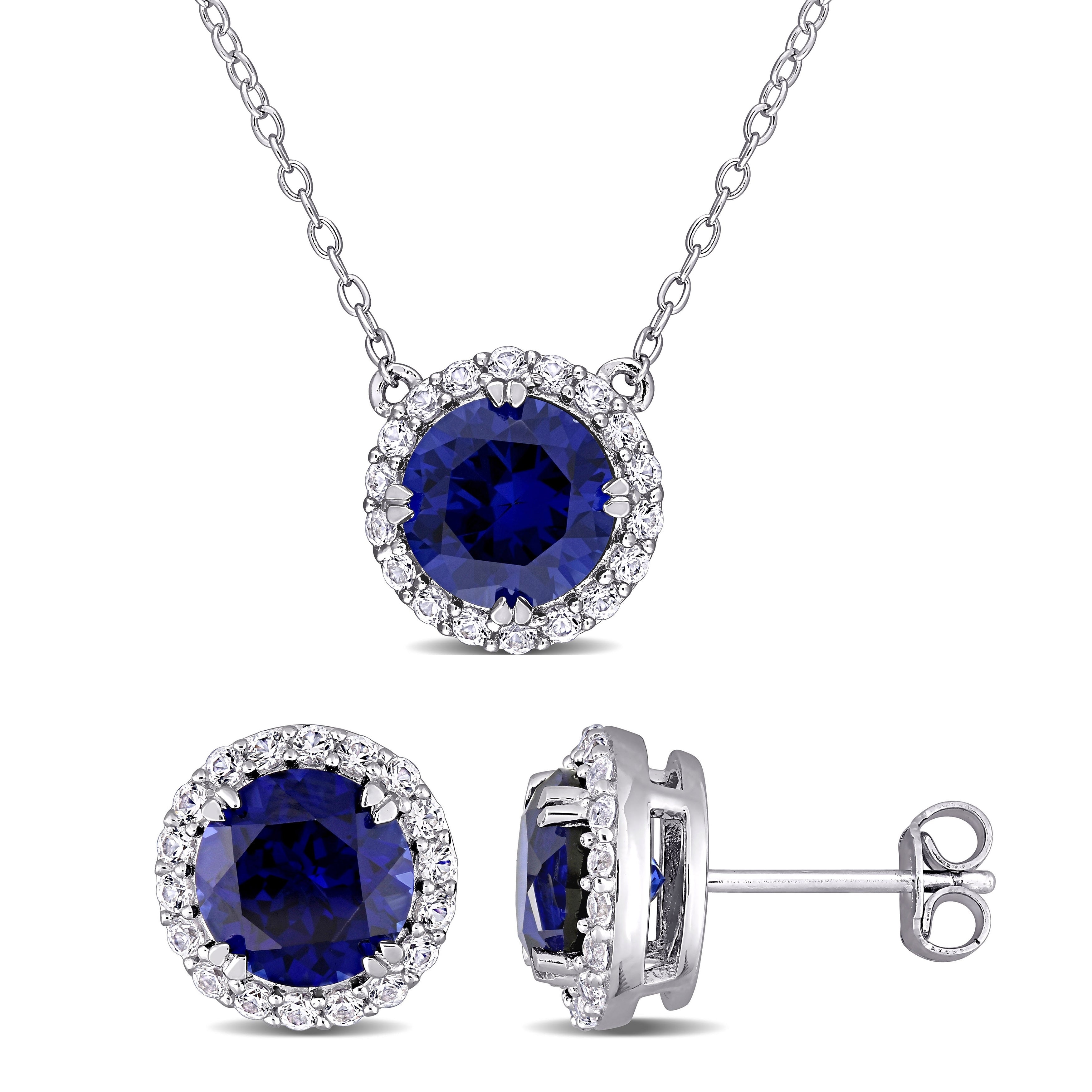 Miadora Sterling Silver Created Blue and White Sapphire Halo Necklace & Earrings 2-Piece Jewelry Set