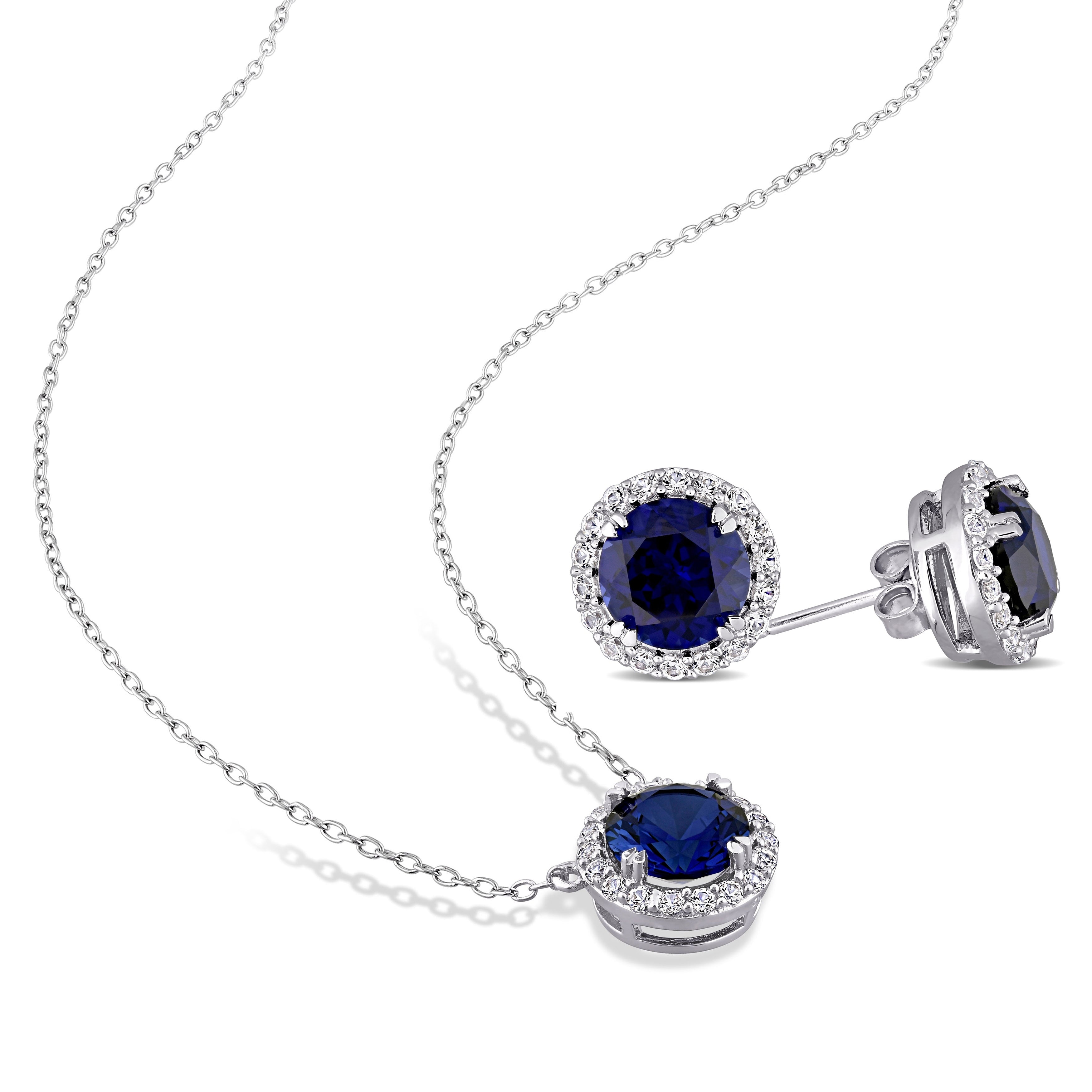 Miadora Sterling Silver Created Blue and White Sapphire Halo Necklace & Earrings 2-Piece Jewelry Set