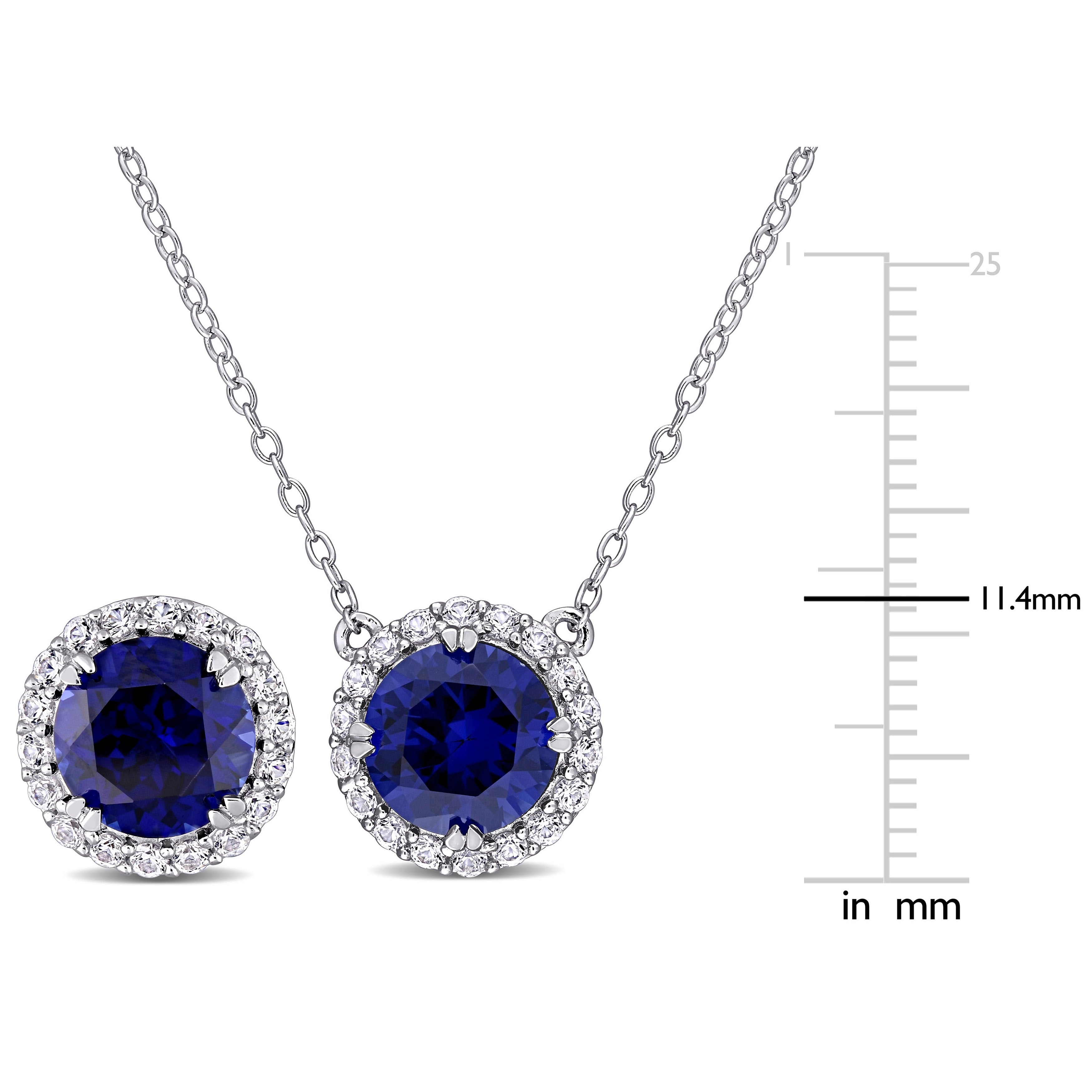 Miadora Sterling Silver Created Blue and White Sapphire Halo Necklace & Earrings 2-Piece Jewelry Set