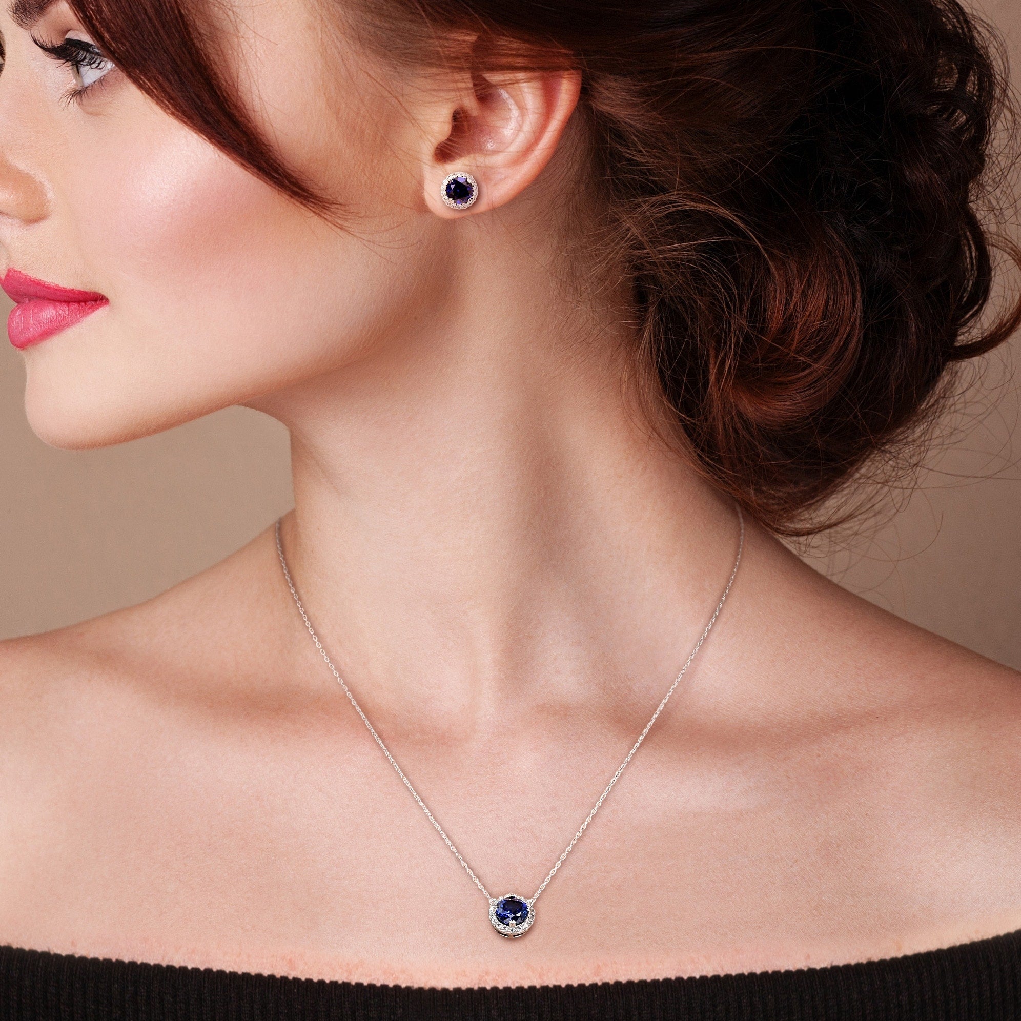 Miadora Sterling Silver Created Blue and White Sapphire Halo Necklace & Earrings 2-Piece Jewelry Set